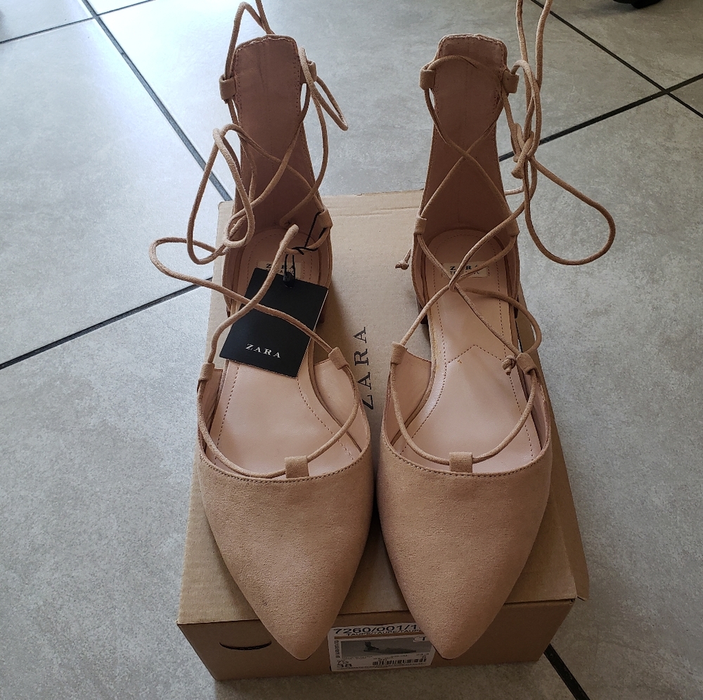 Zara Taupe Lace Up Flats - Picture 4 of 12